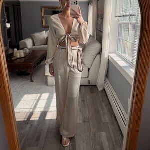 Tie-Front Crop Top and Wide-Leg Pants Set - Cream